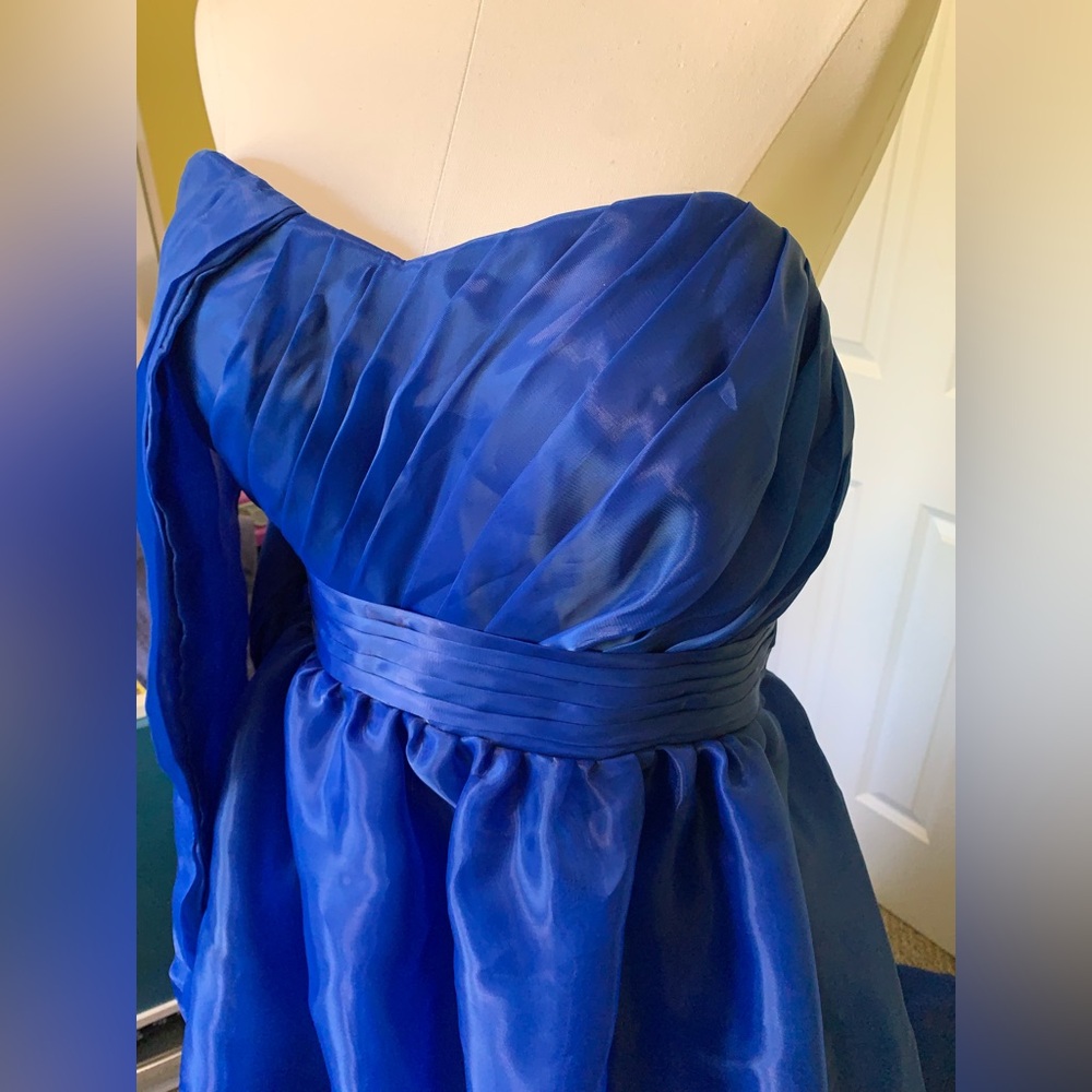 Royal Blue Iridescent Organza Wet Look Shimmer Layers Pleats Gown